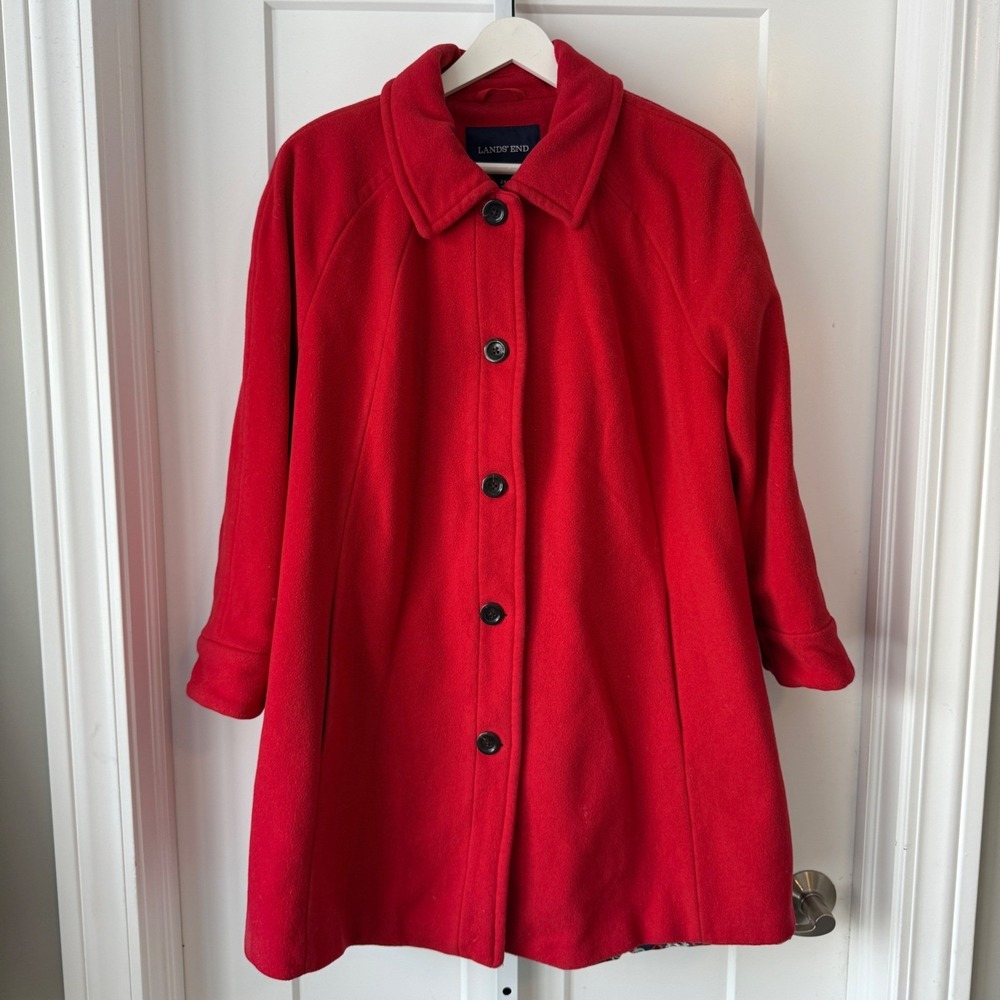 Lands End Red Wool Cashmere Blend Button‎ Front Car Coat Plus Size 24W